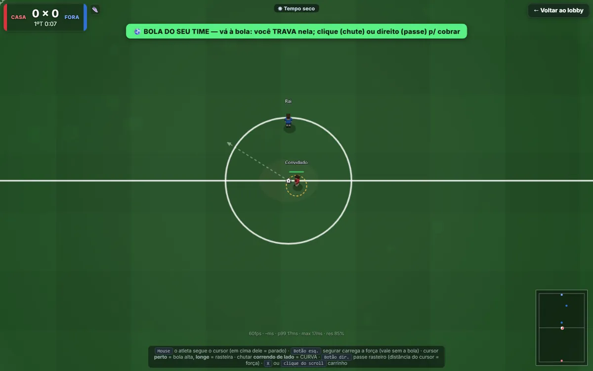 Partido de fútbol 2D en curso, con marcador, minimapa y el contador de fotogramas por segundo en la esquina