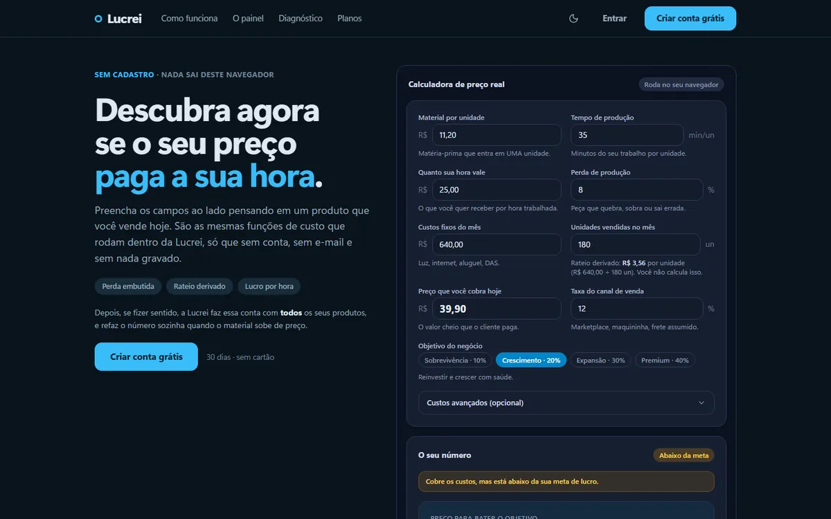 Calculadora pública de Lucrei, con los campos de coste rellenados y el precio sugerido al lado